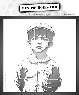 Precision-cut stencil for painting a portrait of a young boy in the style of Gavroche wearing a 1930s cap, ideal for DIY wall decorations or street art.