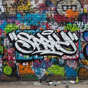 Realizzato con lo stencil Wildstyle Graffiti Spray: l'essenza grezza della street art in un'esplosione di colori.