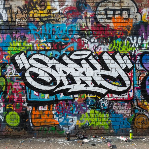 Realizzato con lo stencil Wildstyle Graffiti Spray: l'essenza grezza della street art in un'esplosione di colori.