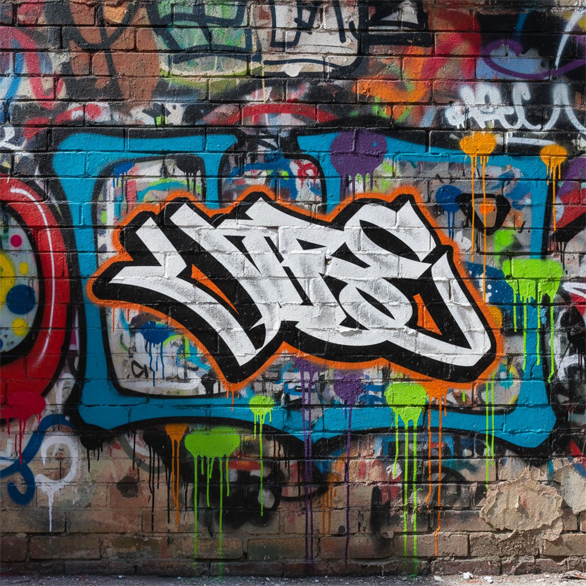 Painting created using Graffiti Vibe stencils - urban lettering in a raw, colourful street art style, offering a visual that's expressive, energetic and full of movement.