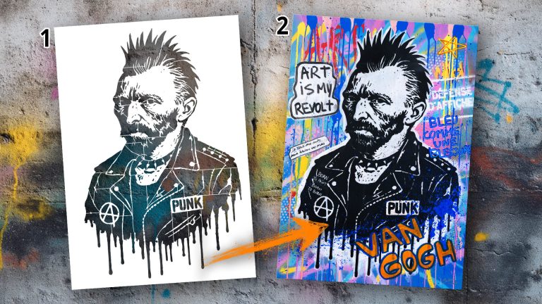 Vorher-Nachher des Kunstwerks Art is My Revolt mit der Van Gogh Punk-Schablone und der fertigen bunten Streetart-Leinwand