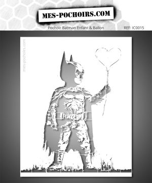 Stencil van een kind verkleed als Batman dat een hartvormige ballon vasthoudt, een poëtisch en ontroerend street art-motief voor stedelijke muurschilderingen.