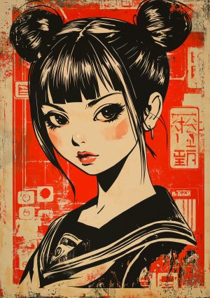 Stencil van een jong Japans schoolmeisje in mangastijl. Expressieve ogen en een elegante look voor een moderne, verfijnde streetart-look.