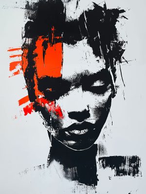 Fragmentierte Porträtschablone im Streetart-Stil, minimalistisch und ausdrucksstark - eine Mischung aus Abstraktion, Realismus und urbaner Kultur.