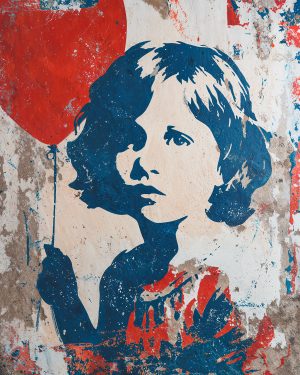 Een stencil voor kinderballonnen geïnspireerd door Banksy en de straatkunst van New York, een combinatie van emotie, kwetsbaarheid en stedelijke expressie.