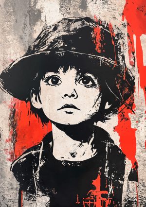 A stencil of a child's face with a hat, inspired by Banksy and New York street art, with a minimalist, expressive design.