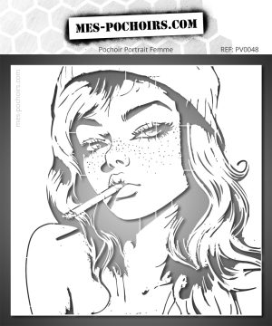 Stencil motif portrait of a woman smoking with a cap, stylised female face with cigarette and freckles.