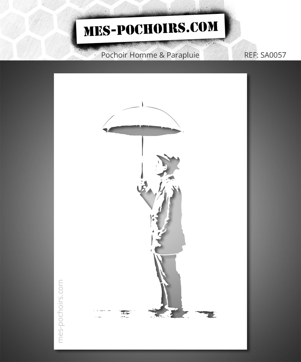 Pochoir homme au parapluie, silhouette cinématographique façon street art pour décoration moderne et ambiance urbaine