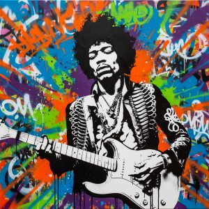 Street art-creatie van een iconische gitarist, vintage rockstijl in levendige kleuren voor artistieke wanddecoratie