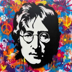 Kleurrijke pop street art met een iconisch portret met ronde glazen in een peace and love stijl