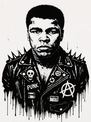 Schablonenporträt einer männlichen Silhouette im Punkstil, bekleidet mit einer genagelten Lederjacke, die mit Protestsymbolen wie einem anarchistischen A, einem Totenkopf und dem Schriftzug PUNK verziert ist, in einer ausdrucksstarken Streetart-Ästhetik, die von städtischen Graffiti inspiriert ist.