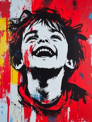 Schilderij gemaakt met het Lachend kind sjabloon - ideaal voor expressief schilderen of muurkunst. Herbruikbaar, omkeerbaar, hoge kwaliteit en in verschillende maten.