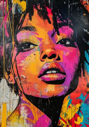 Een artistiek portret van een vrouw, geschilderd in een street art stijl met levendige, expressieve kleuren. Het gezicht is omgeven door verfspatten die een dynamisch contrast vormen met de zwarte schaduwen van de tekening. De uitdrukking van de ogen is intens en assertief, versterkt door de stedelijke texturen en materiaaleffecten die doen denken aan een bekladde muur. Een moderne, levendige illustratie met een zeer grafische weergave.