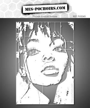 Vrouwelijk portretstencil met een expressief gezicht in een urban street art-stijl, met weggescheurde texturen en een ruwe weergave die een verouderde muur imiteert. De ogen zijn intens en helder en creëren een moderne, artistieke en assertieve sfeer.