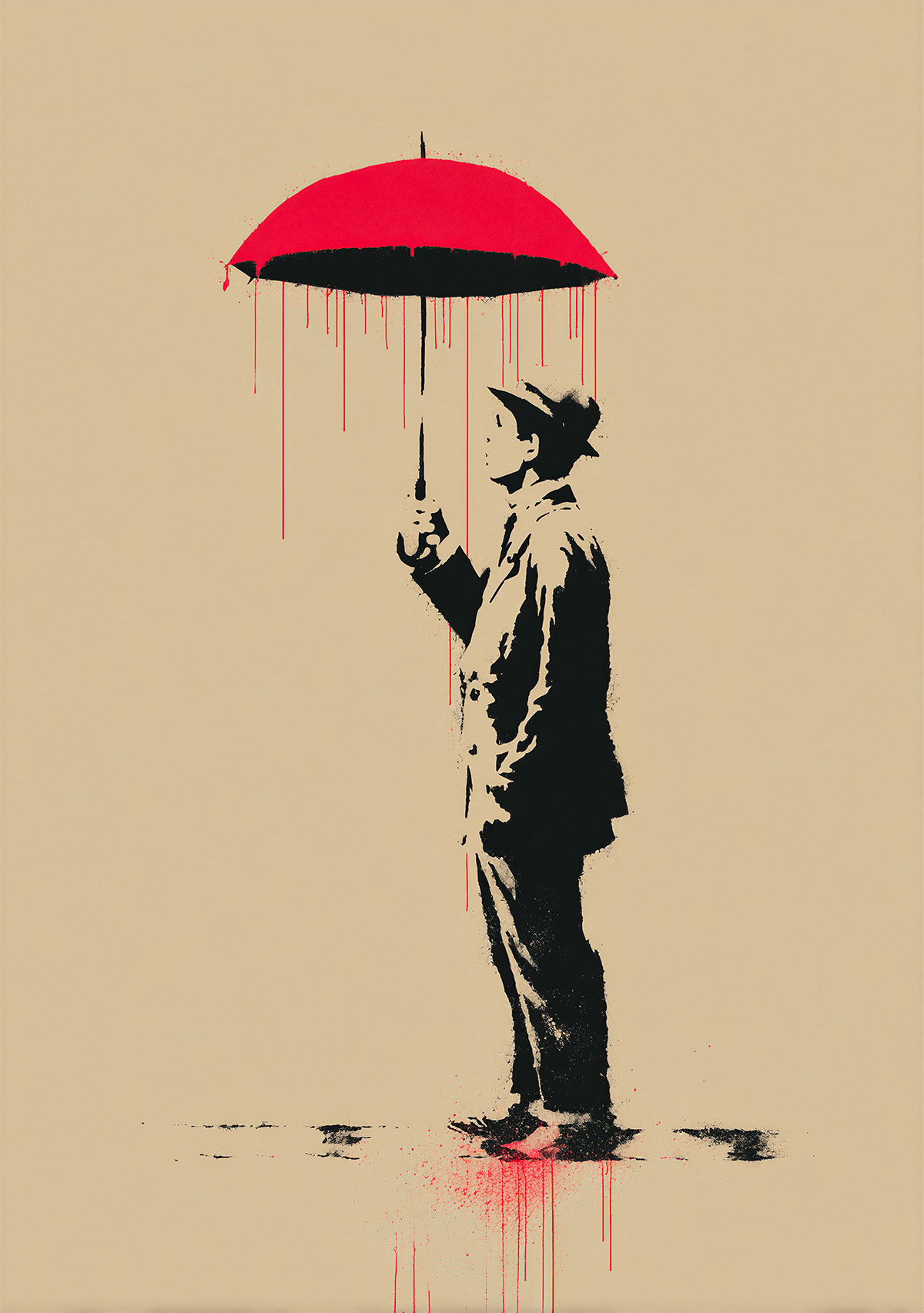 Silhouette street art d’un homme au parapluie, style cinéma et ambiance urbaine - réalisé avec pochoir exclusif et réutilisable
