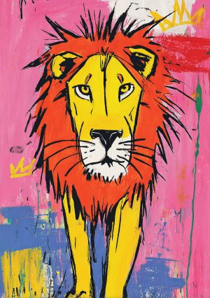 Schilderij van een kleurrijke leeuw geïnspireerd door de sjabloon.