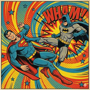 Kleurrijke illustratie van een superheldengevecht met dynamische effecten