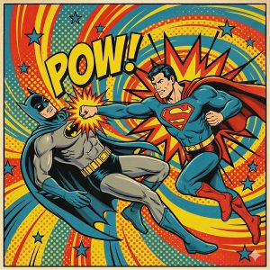 Kleurrijke illustratie geïnspireerd door de sjabloon met twee stripfiguren in gevecht