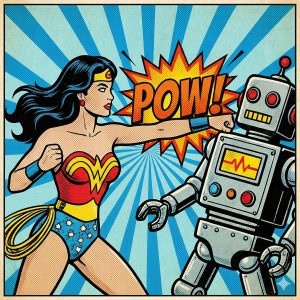 Kleurrijke illustratie van een heldin die een robot slaat met de onomatopee POW