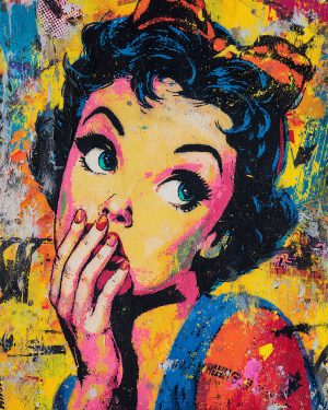 Kleurrijk popart portret van een pin-up vrouw met blauw haar op een veelkleurige achtergrond