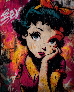 Kleurrijk portret in street art stijl van een vintage pin-up op een veelkleurige graffiti achtergrond