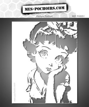 Stencil portret vrouw pin-up met volumineus kapsel en expressieve blik in jaren 50 stijl