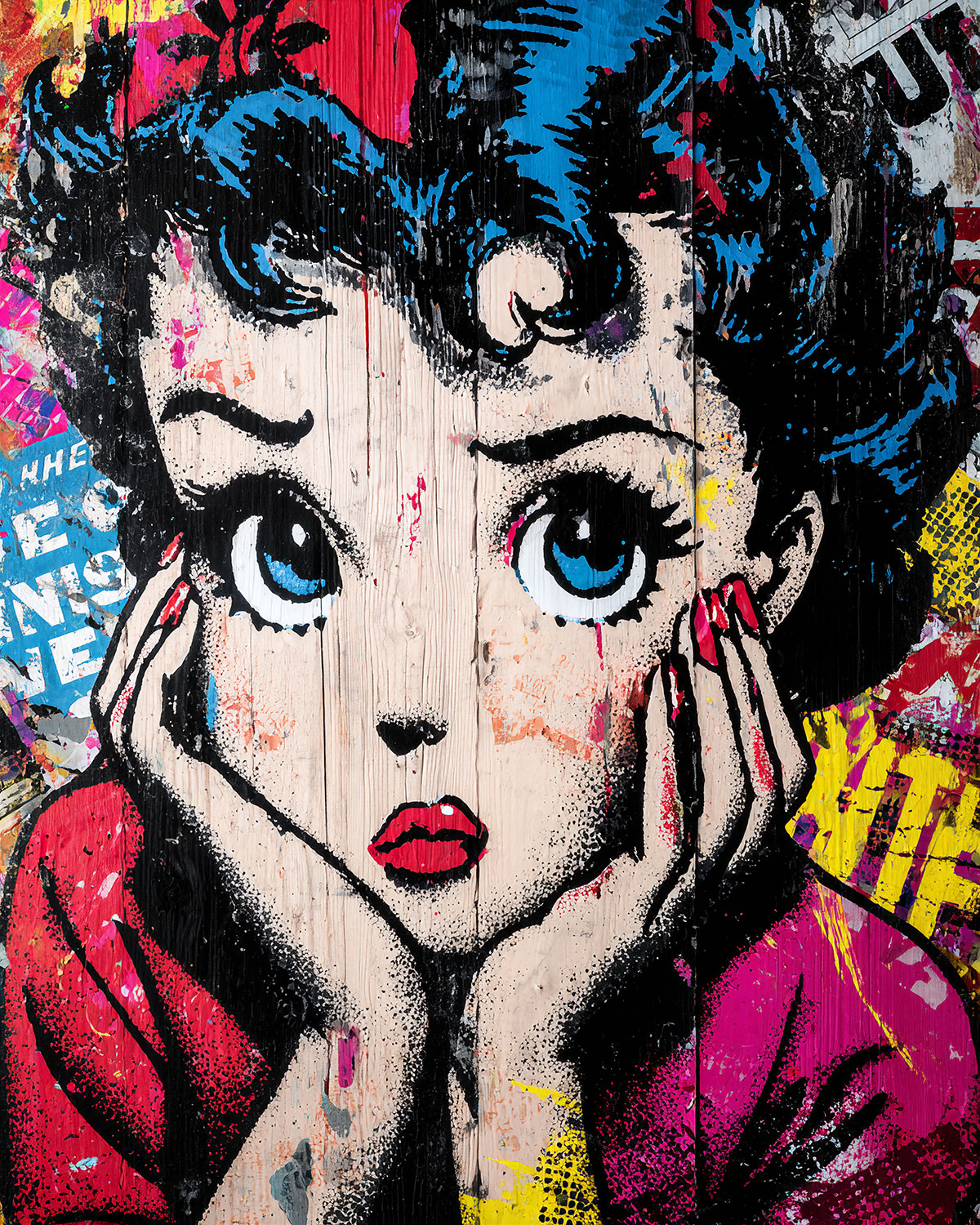 Colorful pin-up portrait created with a stencil using vibrant colors on a street art background