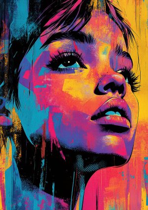 Portrait pop art coloré aux tons violets, roses et jaunes créé avec le Portrait Visage Féminin 