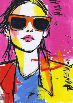 Kleurrijke illustratie van een vrouwelijk portret met een bril, popart stijl.