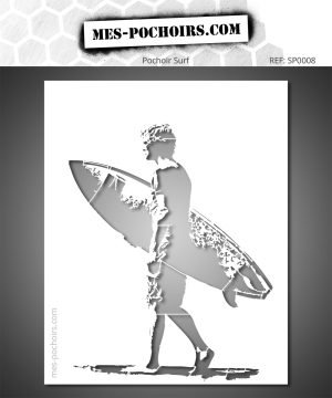 Stencil van een surfer die met een board loopt.