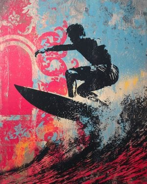 Schilderij geïnspireerd door een surfer in silhouet op een kleurrijke golf