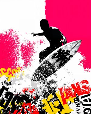 Artistiek resultaat met een surfer in actie in levendige kleuren