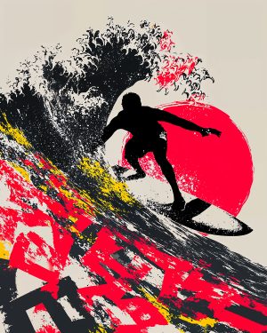 Artistieke creatie met een surfer sjabloon en levendige, dynamische kleuren.