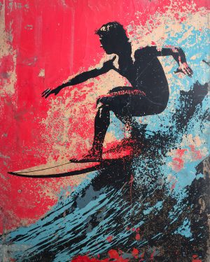 Afbeelding van een surfer in actie op een golf, gemaakt met de sjabloon.