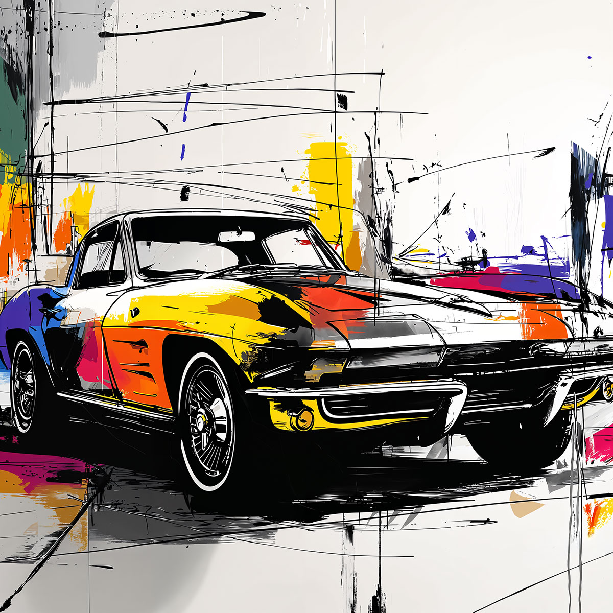tableau réalisé avec le Pochoir Corvette Américaine – pochoir automobile vintage pour customisation meuble, textile, mur et projets créatifs