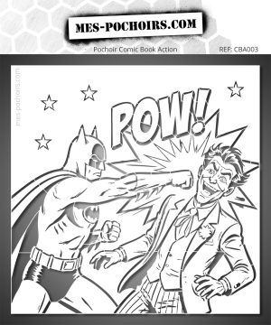 Pochoir représentant une scène de combat style bande dessinée avec un coup de poing et l'onomatopée 'POW'