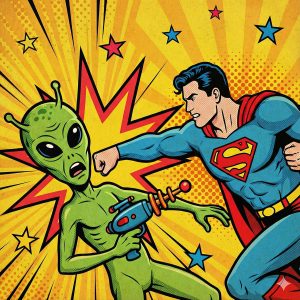 Résultat coloré d'un pochoir montrant un super héros frappant un alien avec un fond dynamique.