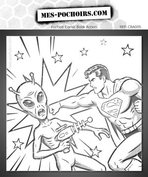 Pochoir de super héros frappant un alien avec une explosion en arrière-plan.