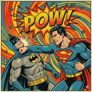 Résultat coloré d'une scène de super héros de bande dessinée avec 'POW!'