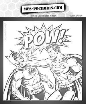 Pochoir représentant une scène de combat entre super-héros de bande dessinée avec l'exclamation 'POW!'