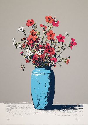 Illustration florale colorée avec vase bleu - créé avec pochoir de qualité professionnelle. 