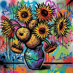 Street art interpretatie van Van Goghs zonnebloemen met het sjabloon De Zonnebloemen graffiti stijl