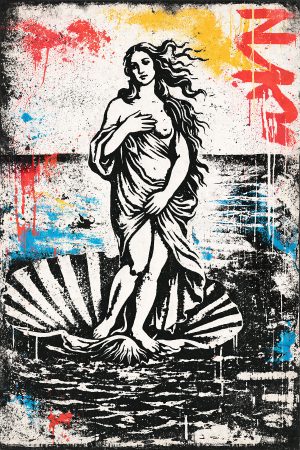 Artistieke creatie geïnspireerd door de Geboorte van Venus met kleurrijke accenten en street art stijl.