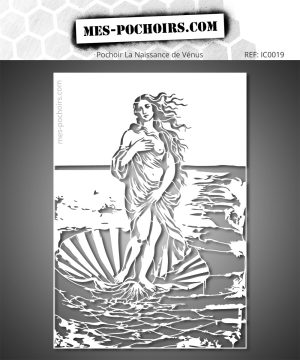 Stencil van de Geboorte van Venus in portretformaat. Ideaal voor je artistieke creaties. Herbruikbaar en verkrijgbaar in verschillende maten.