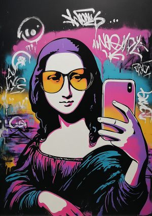 Art inspiré du pochoir Mona Lisa Selfie avec des couleurs vives et des graffitis