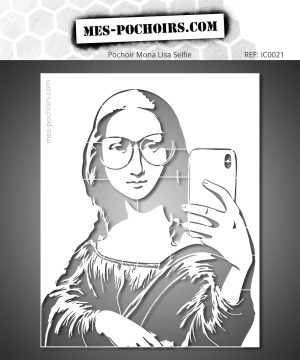 Pochoir montrant Mona Lisa prenant un selfie. Un mélange audacieux d’art classique et de culture urbaine.