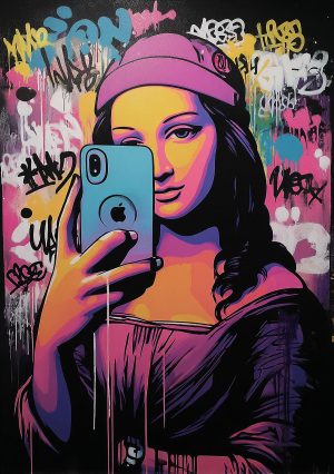 Colorful illustration of Mona Lisa taking a selfie with graffiti in the background