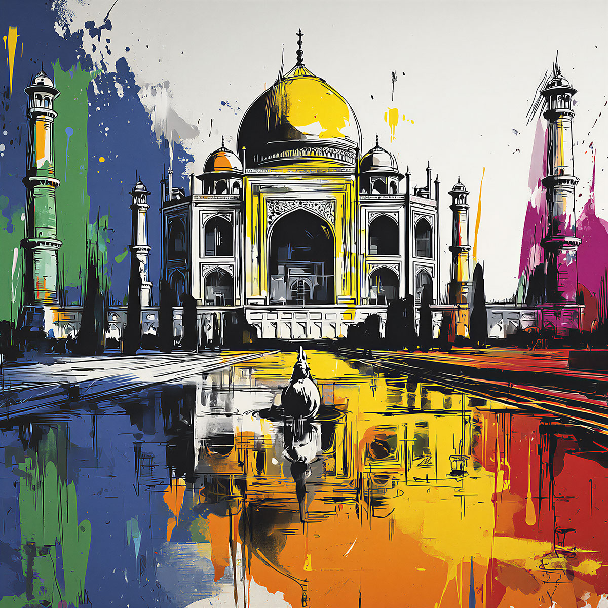 Illustration colorée inspirée du Taj Mahal avec des touches de peinture vive et ambiance voyage