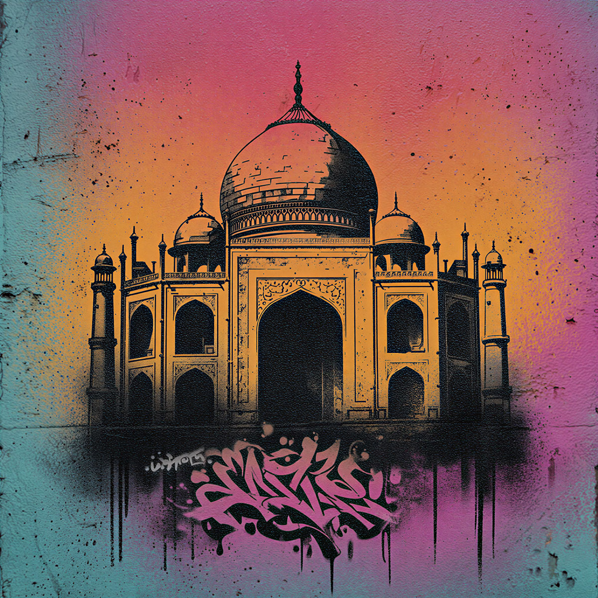 Ilustración inspirada en el Taj Mahal con un degradado de colores sobre un lienzo de graffiti colorido que mezcla cultura y arte urbano