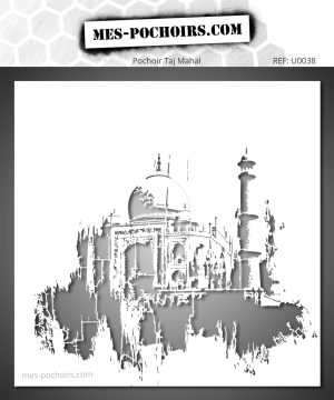 Pochoir montrant le Taj Mahal avec détails architecturaux - version brute et urbaine